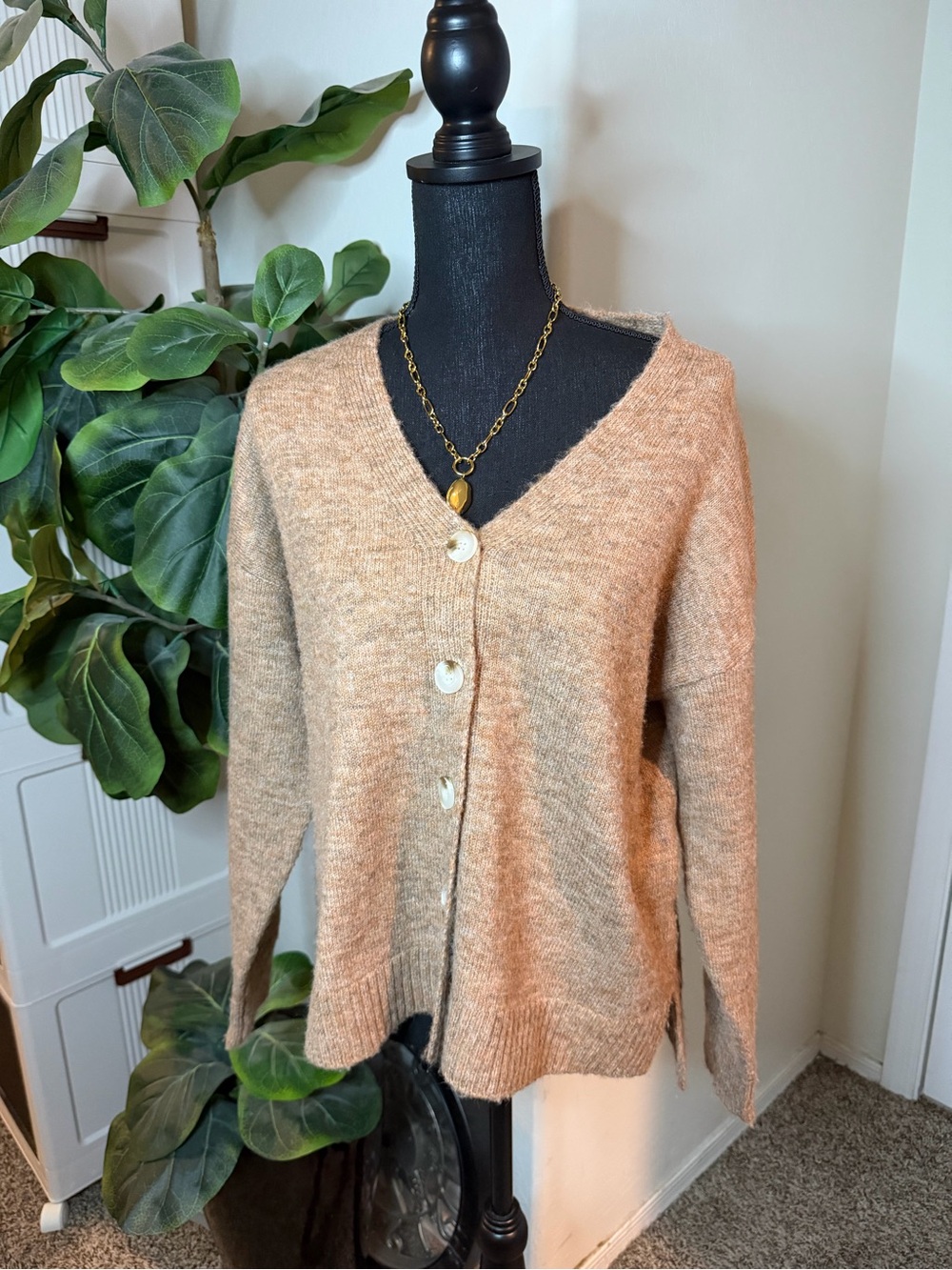 easel Camel Button-Front V-Neck Cardigan